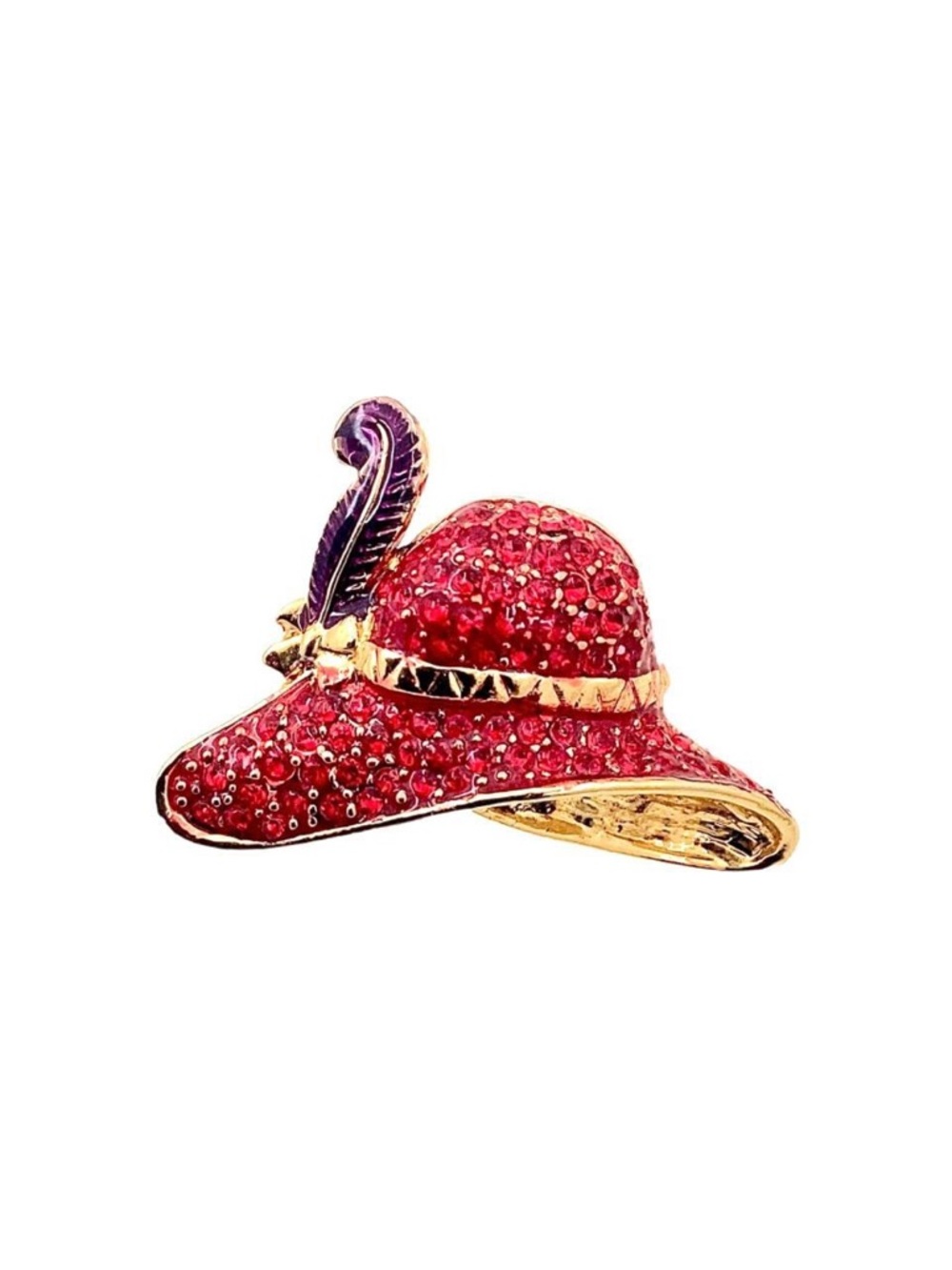 Red Crystal Hat Brooch with Purple Feather Accent